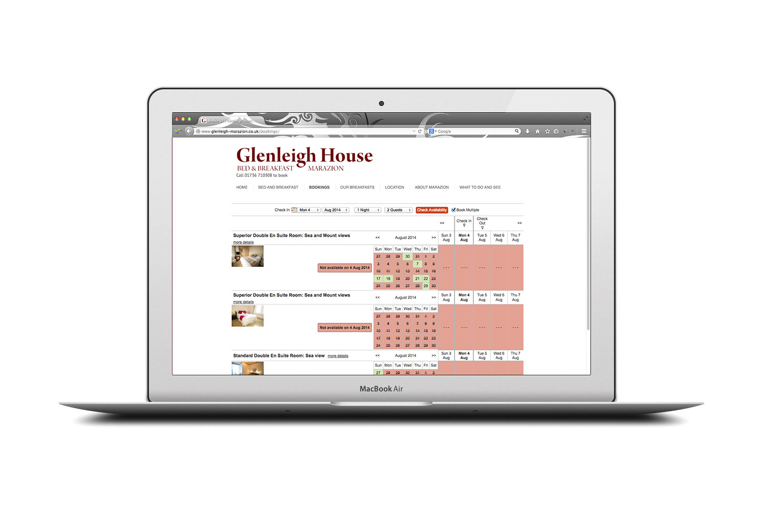 Glenleigh House yourBookings online booking system from cornishrock in Cornwall, professional website designers